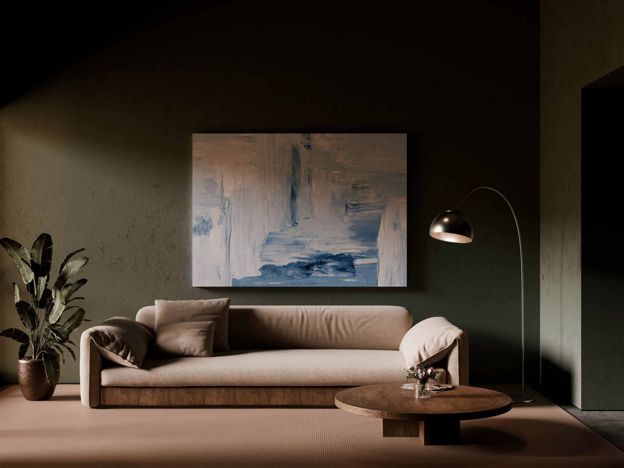 Full living-room visualization with warm materials and directional light