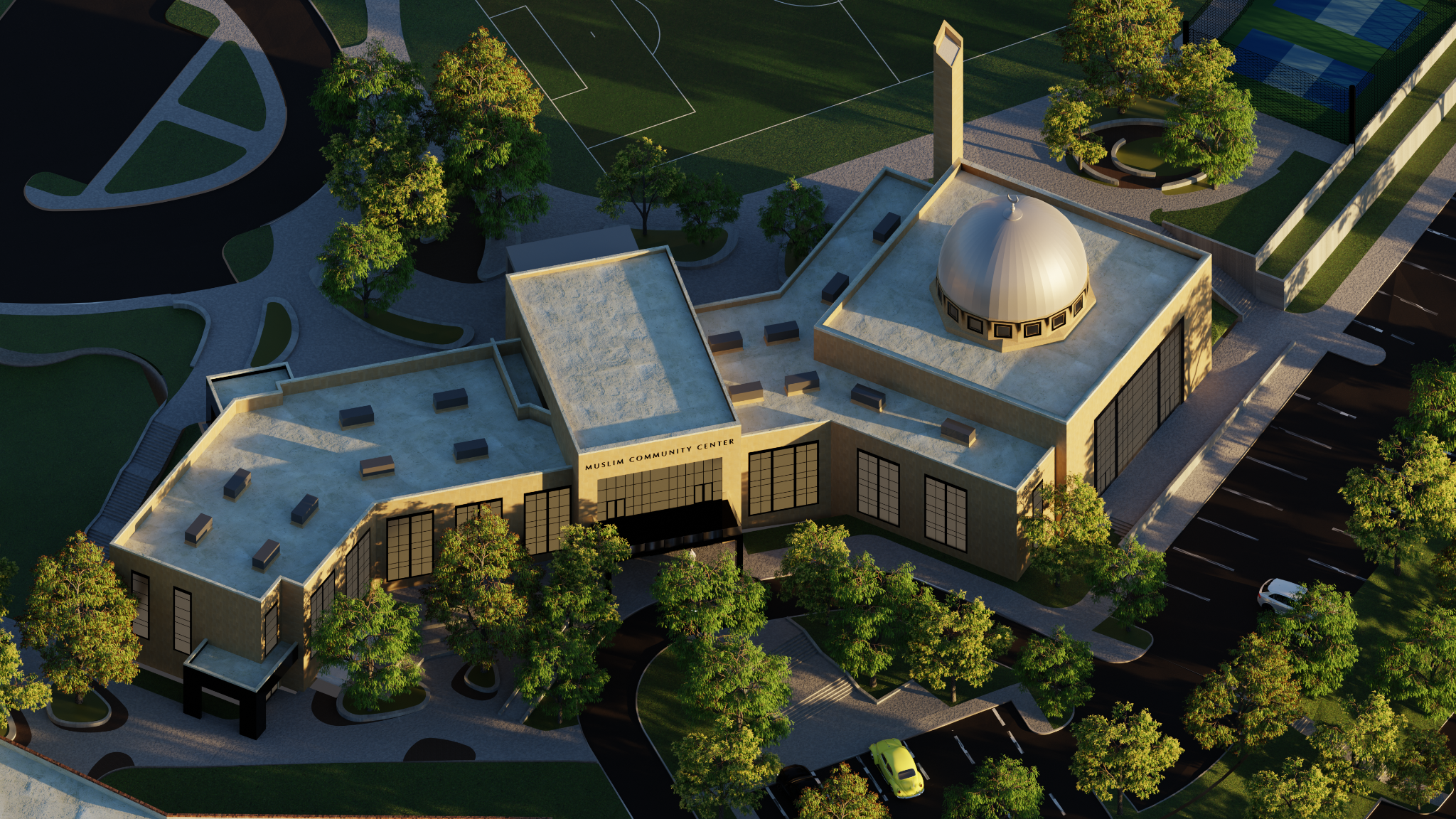 Aerial rendering of West Knoxville Foundation with mosque, community facilities, and landscaped grounds