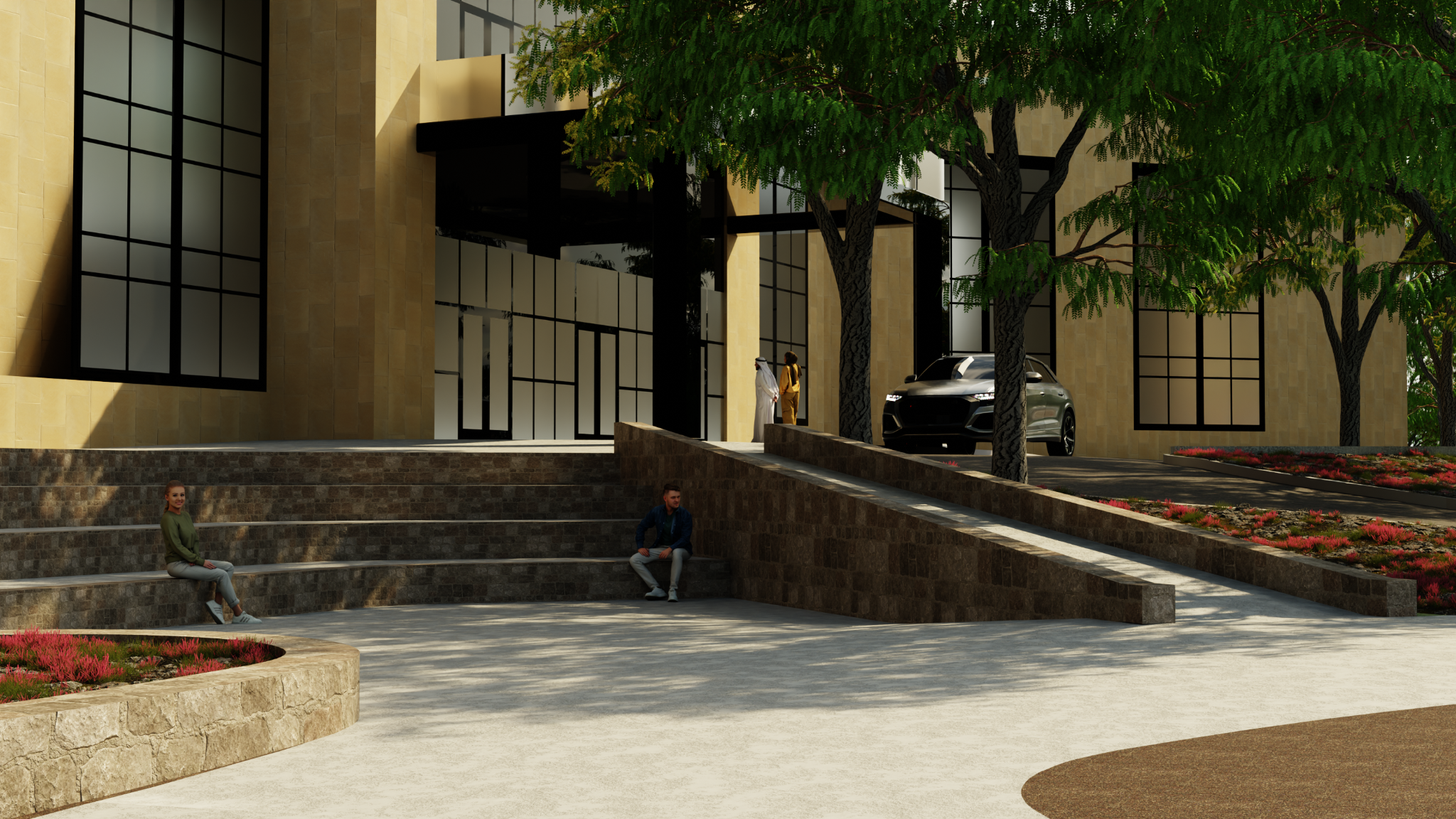 West Knoxville Foundation side approach with outdoor stepped seating and landscaped paths